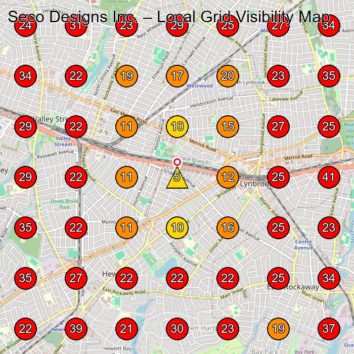 Seco Designs Inc. GeoGrid visibility map for Barber Supply Store in Valley Stream